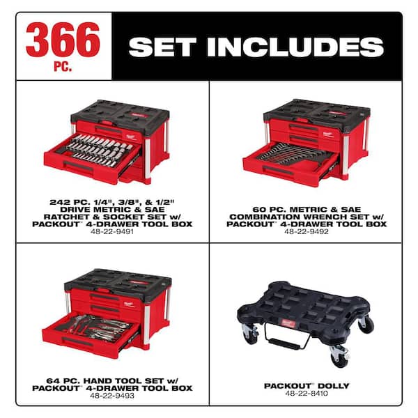 Master Mechanics Hand Tool Set with PACKOUT Drawers and PACKOUT Dolly (366-Piece)