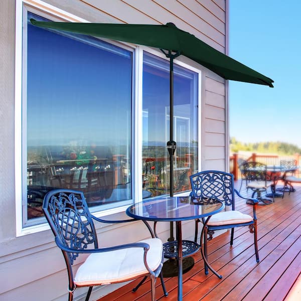 9 ft. Steel Outdoor Half Round Patio Market Umbrella with Easy Crank Lift in Hunter Green