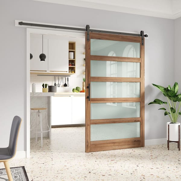 48 in. x 84 in. 5 Lite Frosted Glass Brown Finished Solid Wood Sliding Barn Door with Hardware Kit