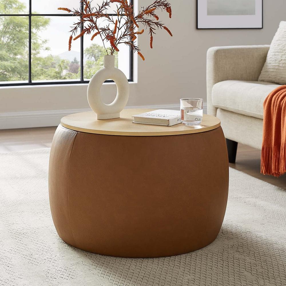 Tan Round Vegan Leather Storage Ottoman with Tray Lid