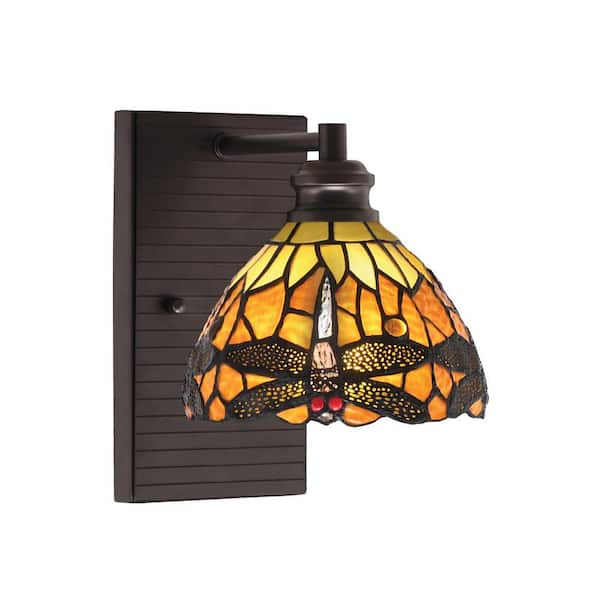 Unbranded Albany 1-Light Espresso 7 in. Wall Sconce with Amber Dragonfly Art Glass Shade
