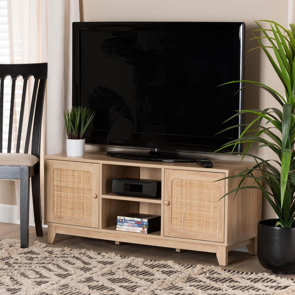 Elsbeth Light Brown Wood and Natural Rattan TV Stand with Cabinet