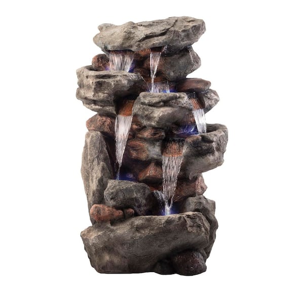 Alpine Corporation 52 in. Tall Outdoor 5- Tiered Rock Rainforest Water Fountain with LED Lights