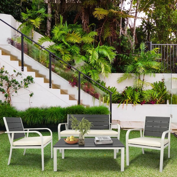 Unbranded 4-Piece Metal Steel Frame All-Weather Outdoor Patio Garden Double Couch Furniture Set with Coffee Table, White Cushions