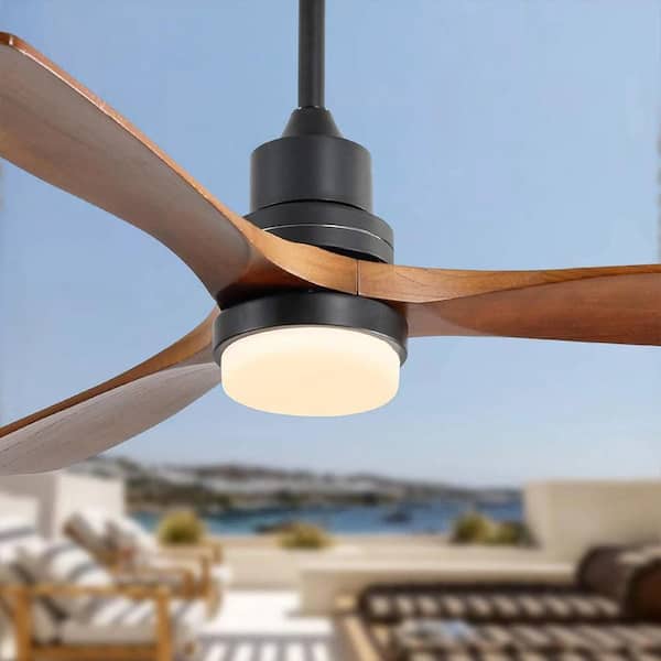 52 in. Modern Indoor/Outdoor Matte Black Standard Downrod Ceiling Fan with Light Wood Blades and Remote Control