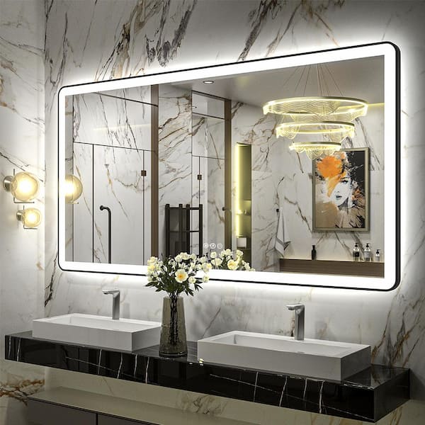 Apmir 55 in. W x 30 in. H Rectangular Framed Front & Back LED Lighted Anti-Fog Wall Bathroom Vanity Mirror in Tempered Glass