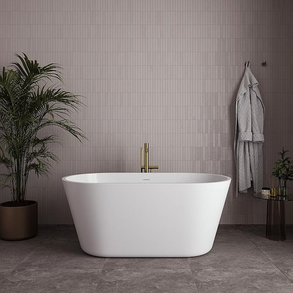 54 in. x 29 in. Acrylic Freestanding Soaking Bathtub in Glossy White with Brushed Brass Drain