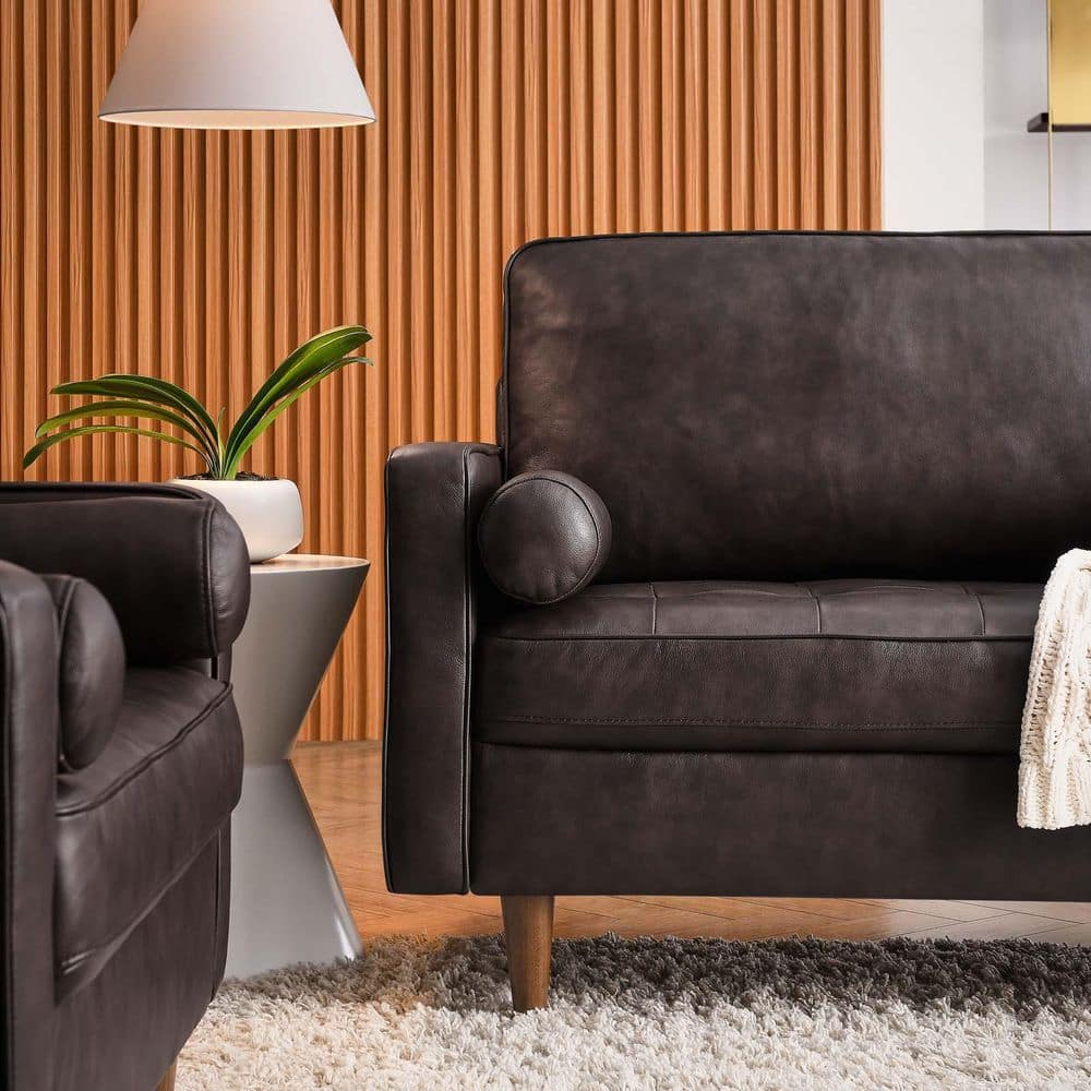Lawson 88" Tufted Brown Leather Sofa with Track Arms and Ottoman