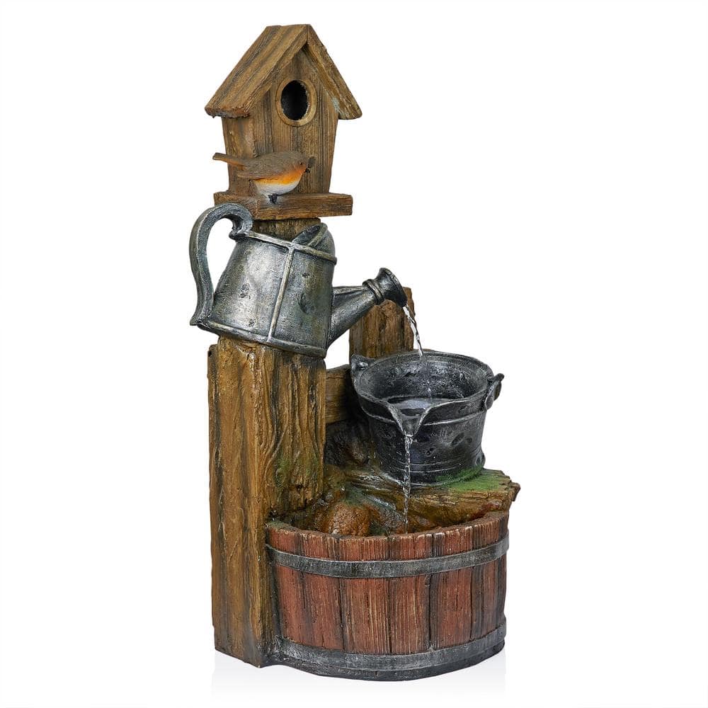 Rustic Polystone Watering Can Birdhouse Fountain with LED Lights