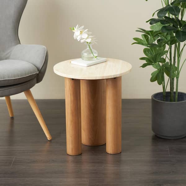 Litton Lane 18 in. Brown Round Wood Table with Beige Marble Tabletop