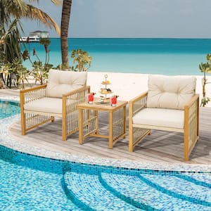 3-Pieces Patio PE Wicker Conversation Set Acacia Wood Frame withseat and Back Cushions