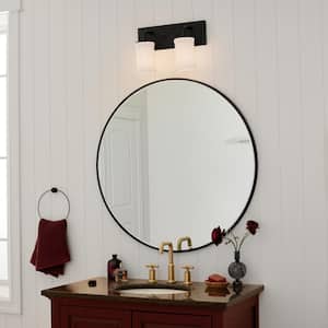 Vetivene 15.25 in. 2-Light Textured Black Vintage Bathroom Vanity Light with Opal Glass Shades