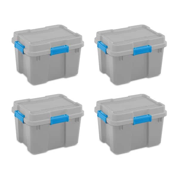 Sterilite 20-Gallon Plastic Home Storage Container Tote Box in Gray/Blue, (4 Pack)