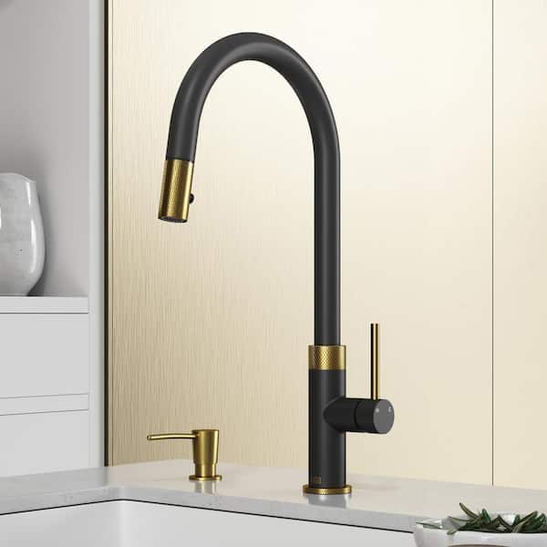 VIGO Bristol Pull-Down Sprayer Kitchen Faucet Set with Soap Dispenser in Matte Brushed Gold and Matte Black