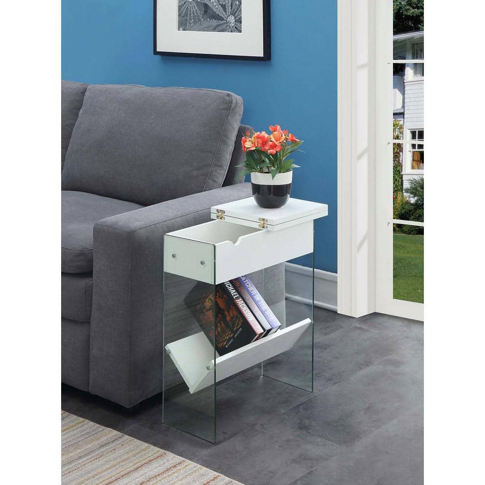 White Particle Board Flip Top End Table with Storage