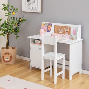 2-Piece Wood Top Kids Desk and Chair Set Study Writing Workstation with Bookshelf and Bulletin Board