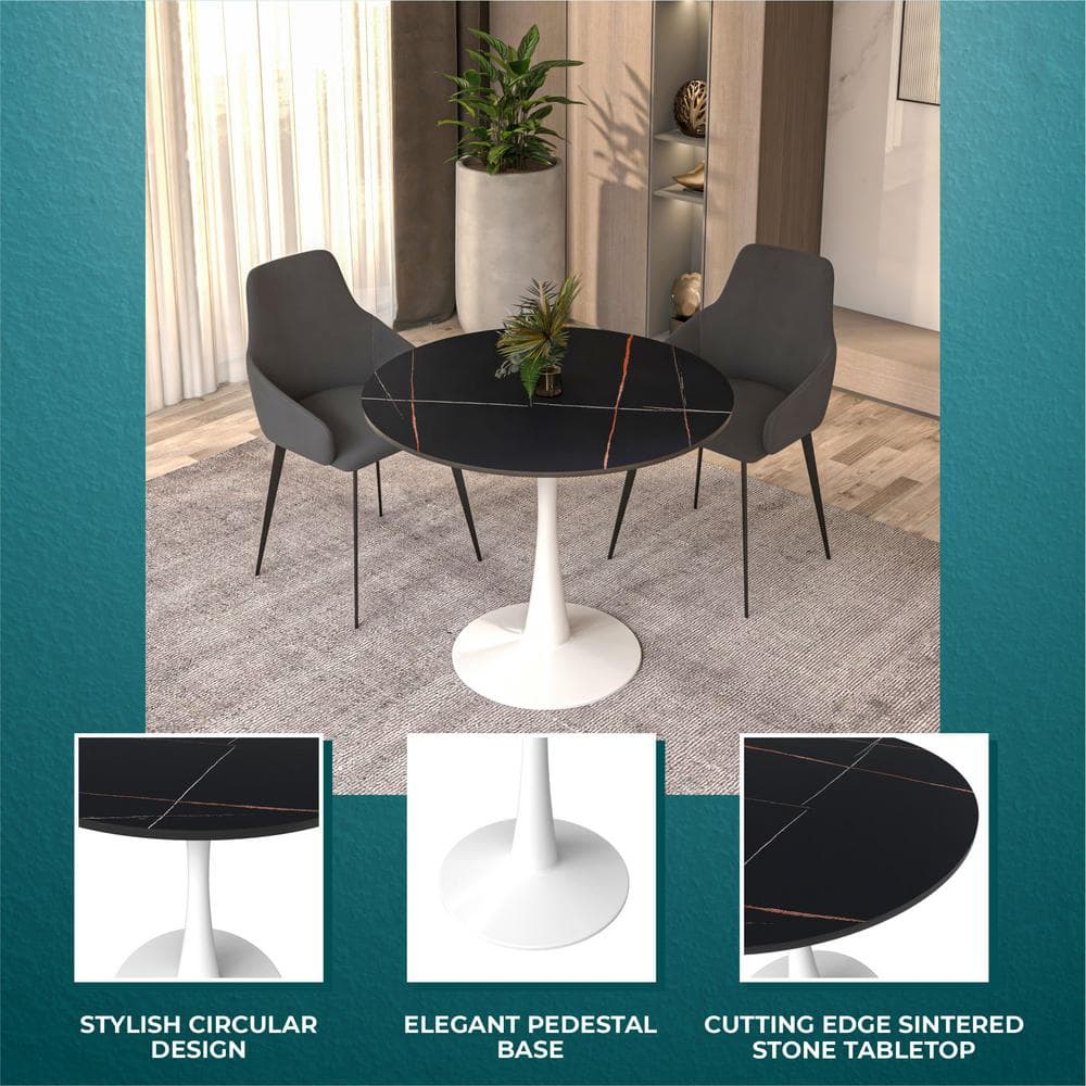 Bristol Round Black Marble Dining Table with White Pedestal Base