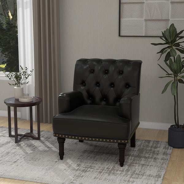 Uixe Mid-Century Modern Solid Wood Legs Black PU Leather Button Upholstered Accent Armchair With Nailhead Trim