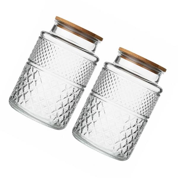 Vintage 60 oz. Clear Glass Food Storage Jars with Bamboo Lids, Large Capacity for Kitchen Pantry (Set of 2)