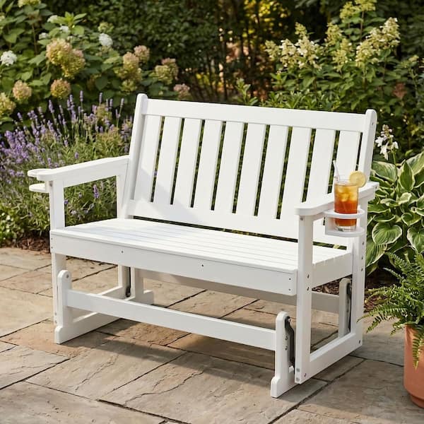 JEAREY HDPE White Outdoor Bench, 2 Person Plastic Glider Rocking