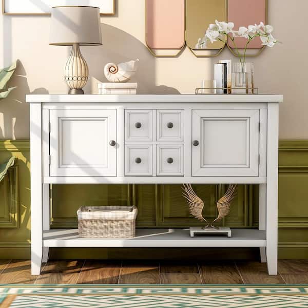 URTR 46 in. White Rectangle Wood Console Sofa Table Buffet Sideboard with 4-Storage Drawers 2-Cabinets and Shelf