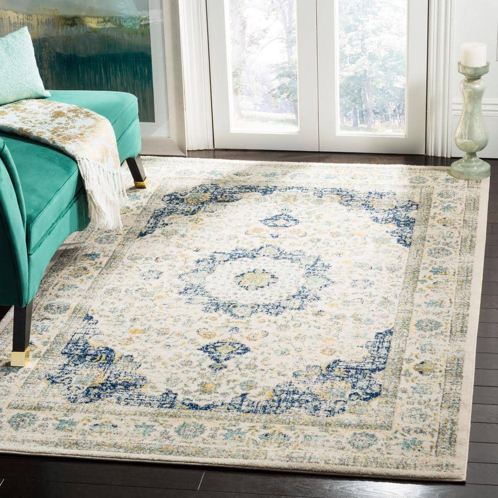 Ivory and Blue Rectangular Synthetic Easy Care Accent Rug