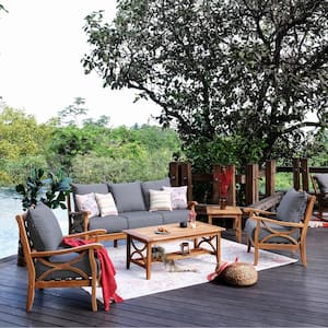 Abbington Teak Wood 5 Piece Patio Conversation Set with Gray Cushion