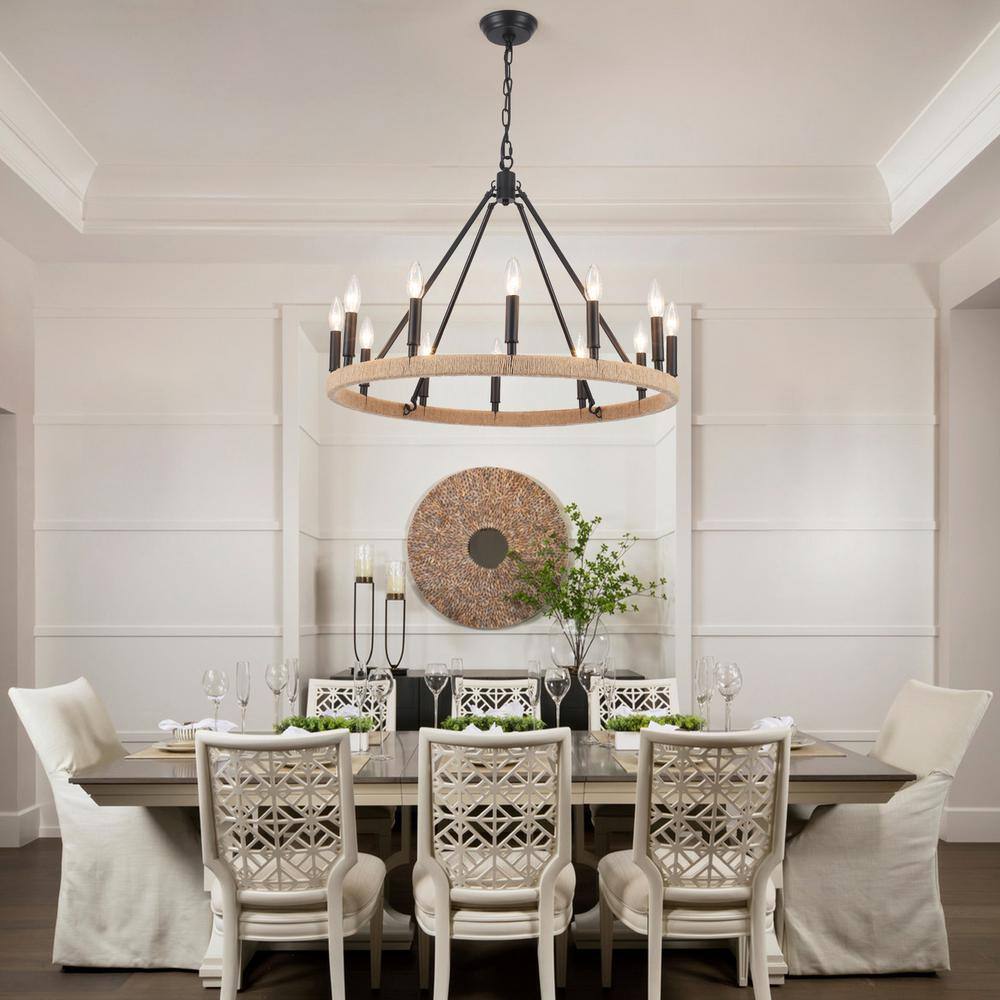 Matte Black 12-Light Candle Wagon Wheel Chandelier