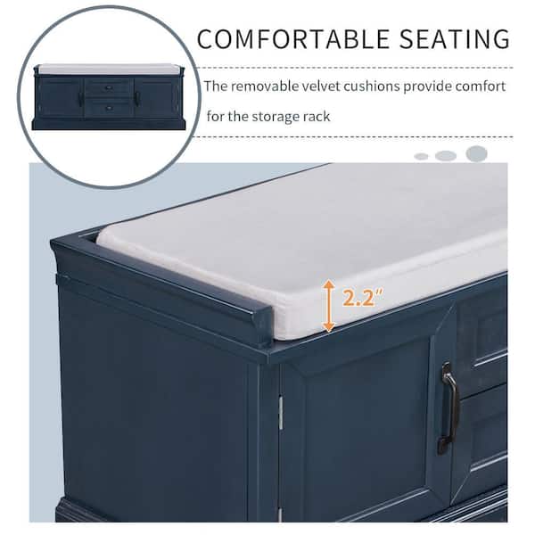 ANBAZAR Navy Blue Wood Entryway Storage Cushioned Shoe Bench
