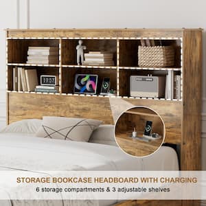 Bed Frame with Storage Headboard, Brown Metal Frame Full Platform Bed with 4 Drawers, Charging Station and Metal Slats