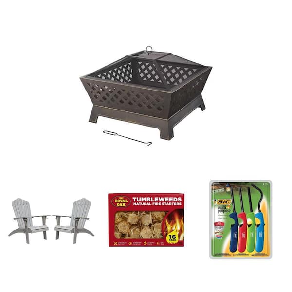 34 in. Fire Pit, Screen, Poker, Adirondack Chairs (Set of 2), Fire Starter (16-Pack) and Lighter (4-Pack) Combo