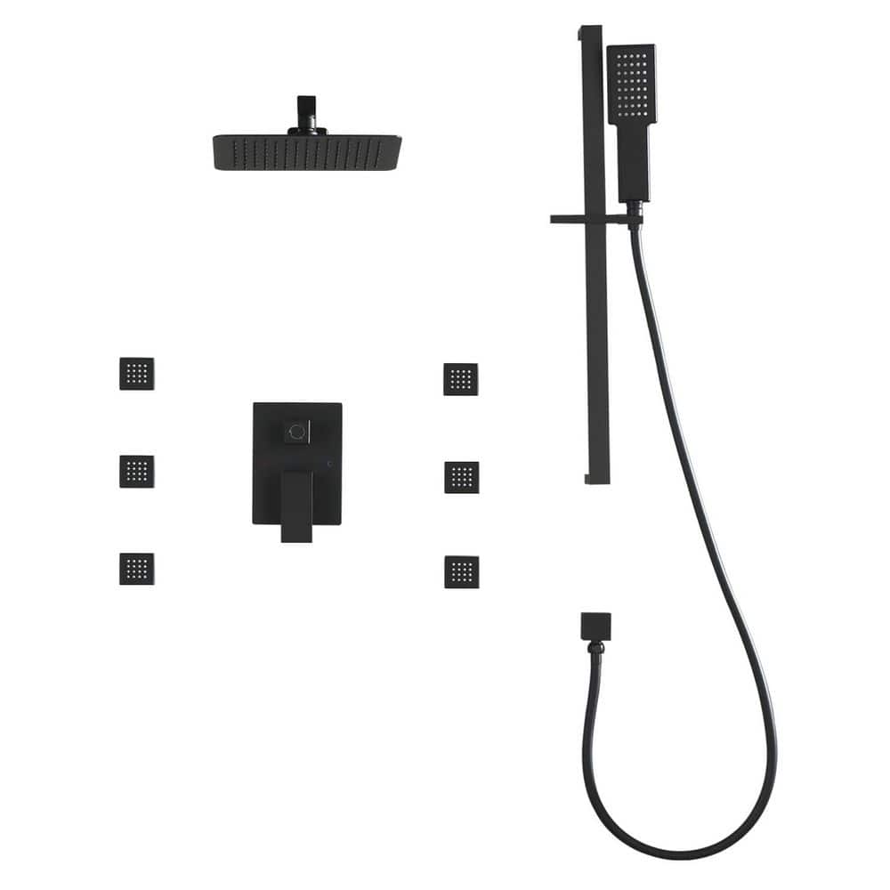 Satico 1-Spray 9.84 in. Wall Mount Dual Fixed and Handheld Shower Head 1.8 GPM with 6 Body-Sprays in Matte Black