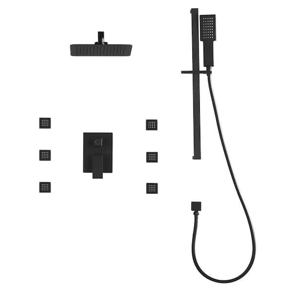1-Spray 9.84 in. Wall Mount Dual Fixed and Handheld Shower Head 1.8 GPM with 6 Body-Sprays in Matte Black