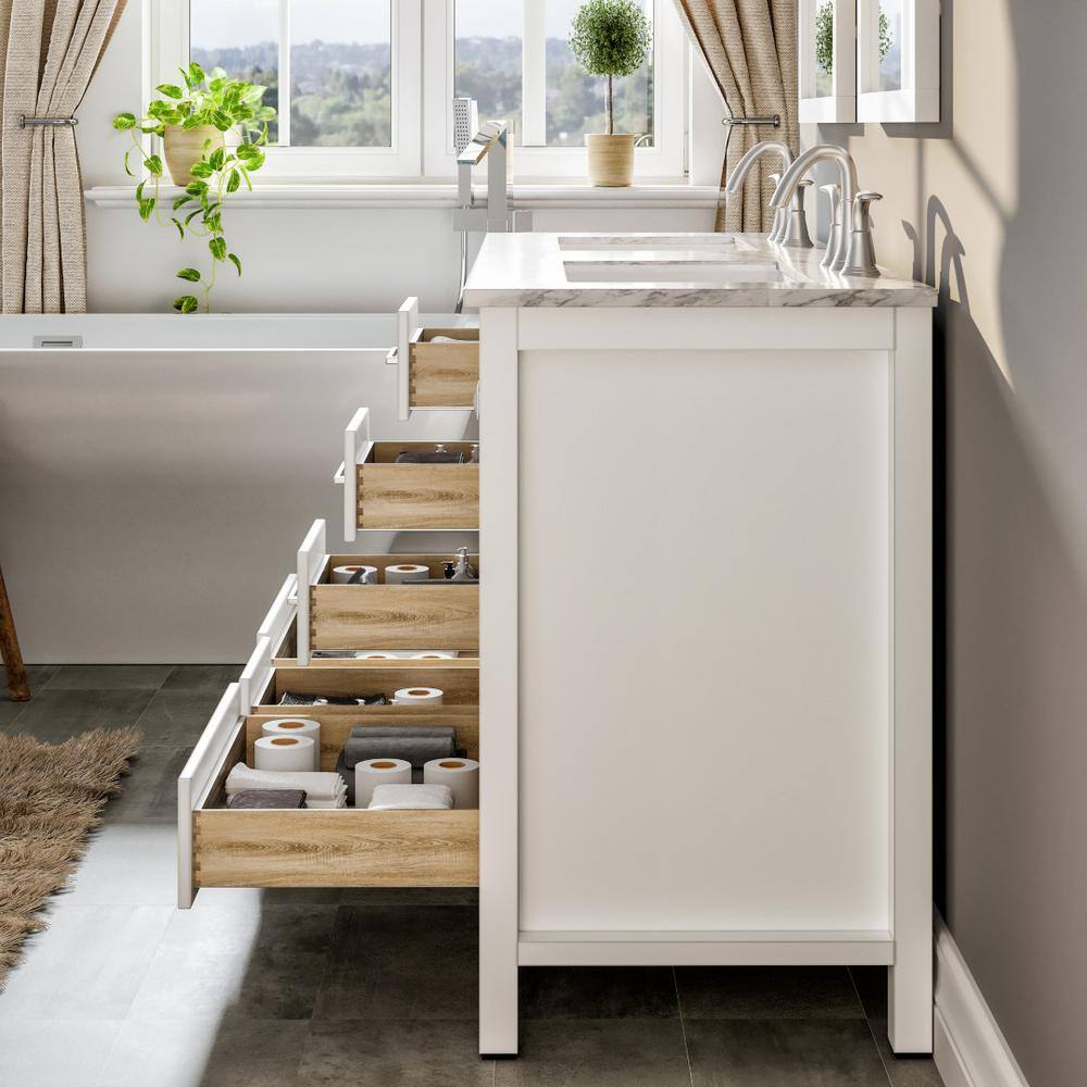 Aberdeen White Double Sink Bathroom Vanity with Carrara Quartz Top