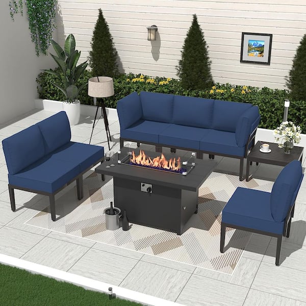Halmuz 8-Piece Metal Patio Conversation Set with 55000 BTU Gas Fire Pit Table and Glass Coffee Table and Navy Cushions