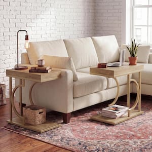 Kerlin 23.6 in. Light Brown & Gold C Shaped Wood End Table, 2-Tier Side Table with Metal Frame for Living Room, 2 PCS