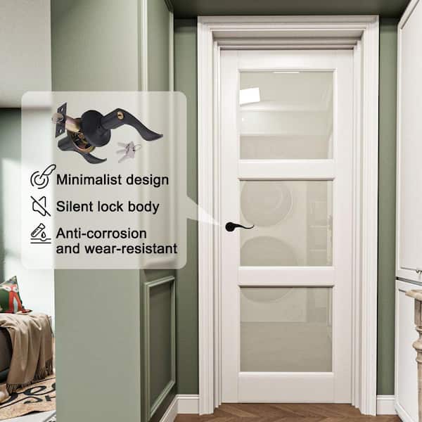 30 in. x 80 in. 3-Lite Frosted Glass Left White Solid Core Wood Single Interior Door Kit with Quick Assemble Jamb
