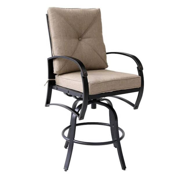 Benjara Swivel Metal Outdoor Bar Stool with Beige Cushion (Set of 2)