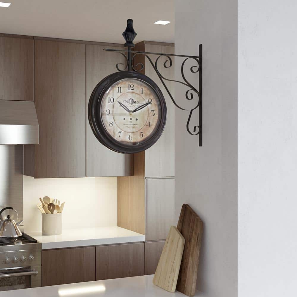 European Double-Sided Iron Wall Clock with Scroll Mount