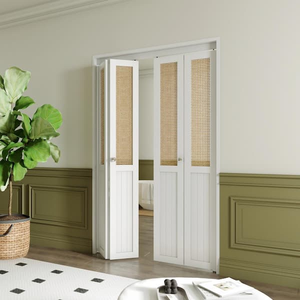 48 in. x 80 in. (Double 24 in. W Doors) Webbing and Wood, PVC Covering MDF, White Bi-Fold Door with Hardware