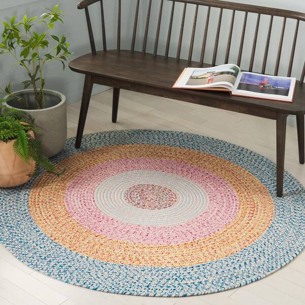 Braided Aqua/Pink 3 ft. x 3 ft. Machine Washable Solid Striped Border Round Area Rug