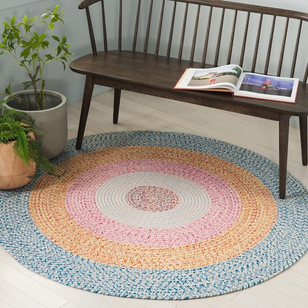 Braided Aqua/Pink 5 ft. x 5 ft. Machine Washable Solid Striped Border Round Area Rug