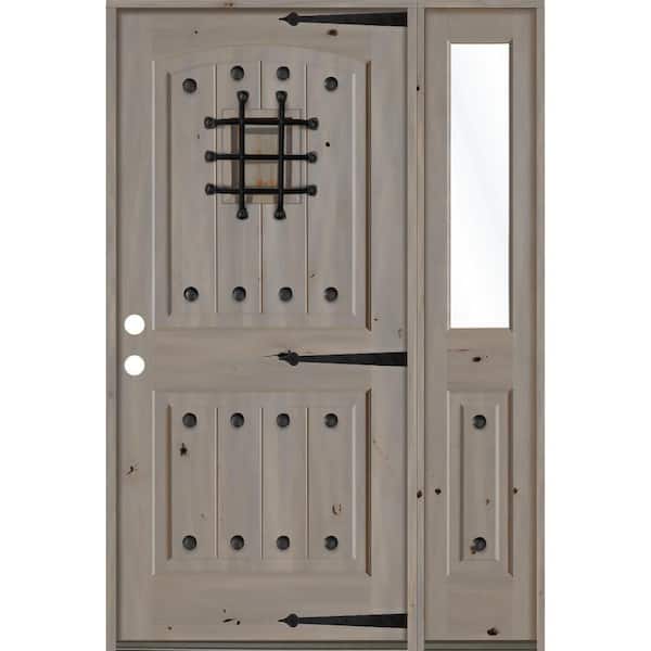 Krosswood Doors 44 in. x 80 in. Mediterranean Knotty Alder Right-Hand/Inswing Clear Glass Grey Stain Wood Prehung Front Door with RHSL
