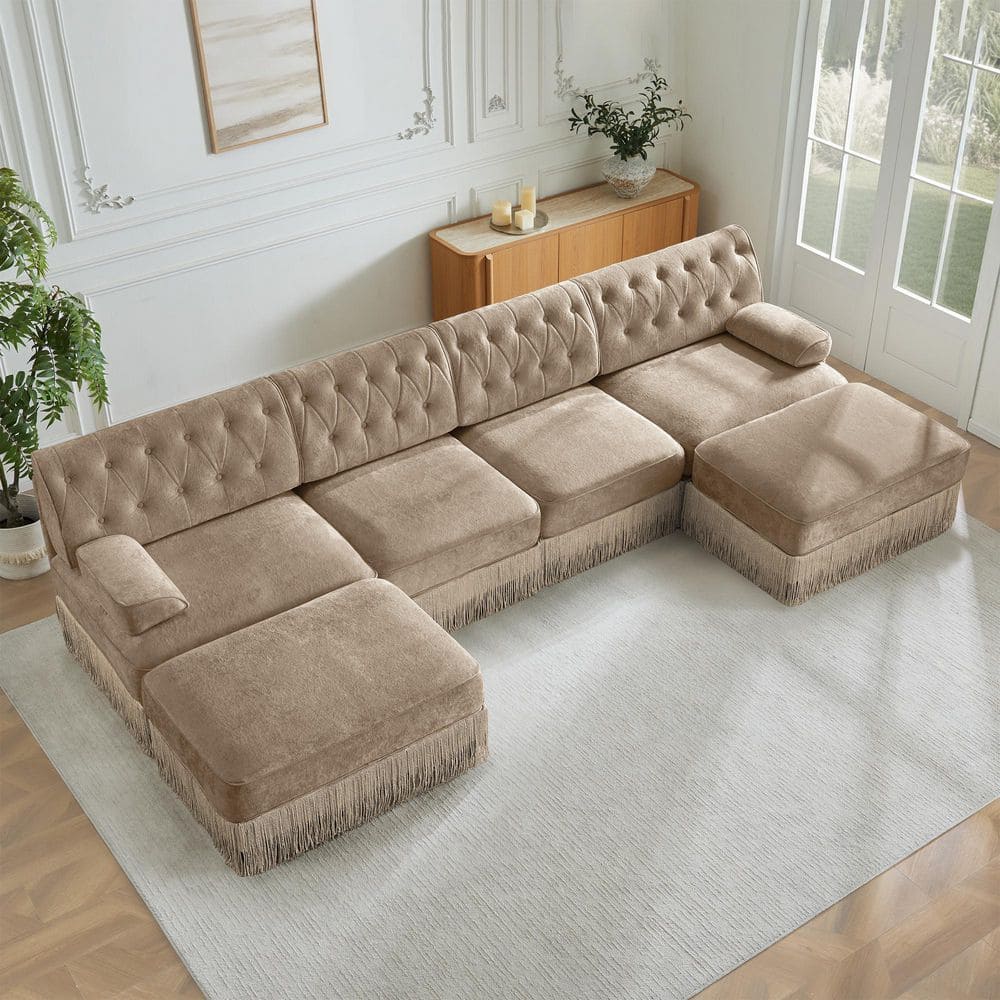 Modern 135.6 in. Curved Arms Velvet U-Shaped Tufted Modular Sectional Sofa in Camel with 2 Ottomans and Skirt Base
