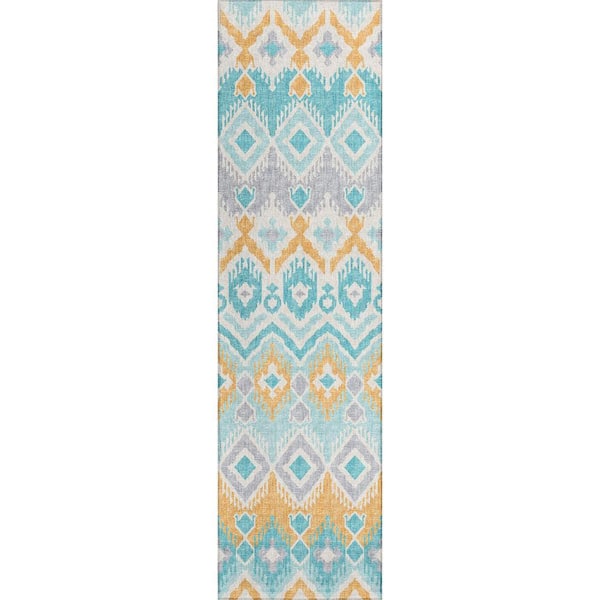 Yuma Blue 2 ft. 3 in. x 7 ft. 6 in. Geometric Indoor/Outdoor Washable Area Rug