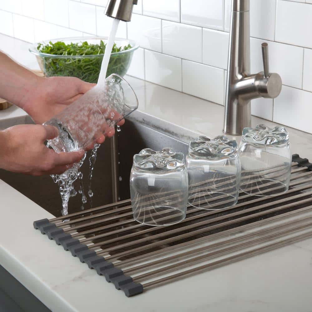Gray Stainless Steel Roll Up Over Sink Drying Rack