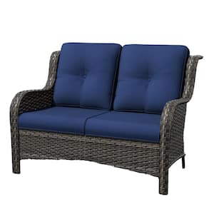 Brown Wicker Outdoor Patio Loveseat with Blue Cushions