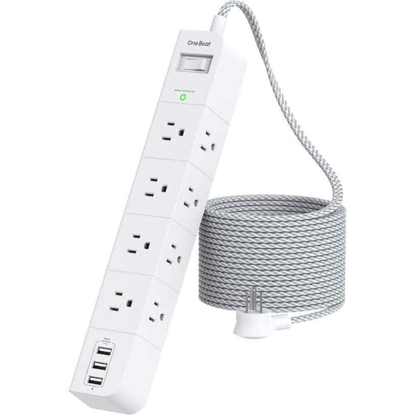Etokfoks 8-Outlet Power Strip Surge Protector with 3 USB Ports and Right Angle Plug & 10 ft. Braided Wire in White