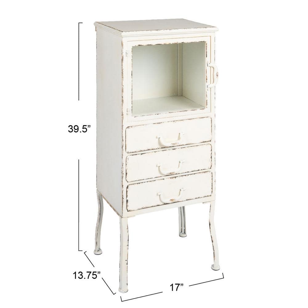 Distressed White Metal Cabinet with 3 Drawers and Open Shelf