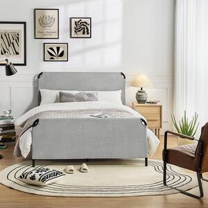 Mellow Maggie Metal Platform Bed with Upholstered Cushion Headboard, Steel Slats, Sky Gray, King